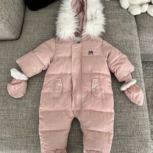 Pink Faux-Fur Hooded Baby Snowsuit with Mittens